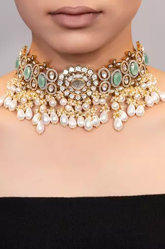 Gold plated kundan green stones choker necklace
