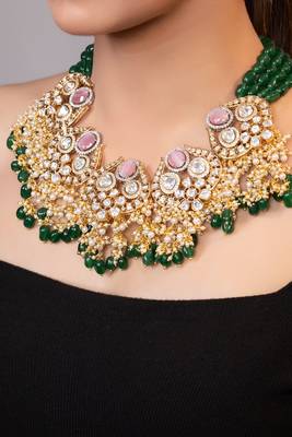 Gold plated kundan green stones necklace 1
