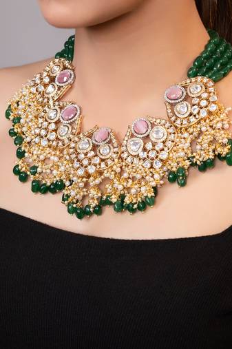 Gold plated kundan green stones necklace