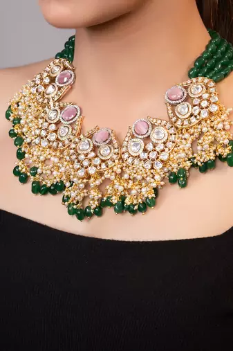 Gold plated kundan green stones necklace