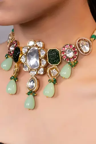 Gold plated kundan multicolor stones choker necklace