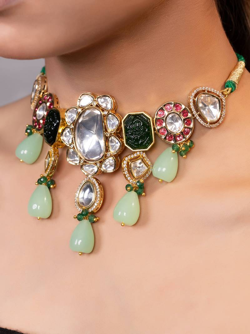Gold plated kundan multicolor stones choker necklace