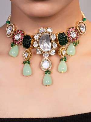 Gold plated kundan multicolor stones choker necklace 2