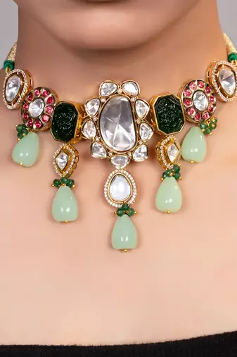 Gold plated kundan multicolor stones choker necklace