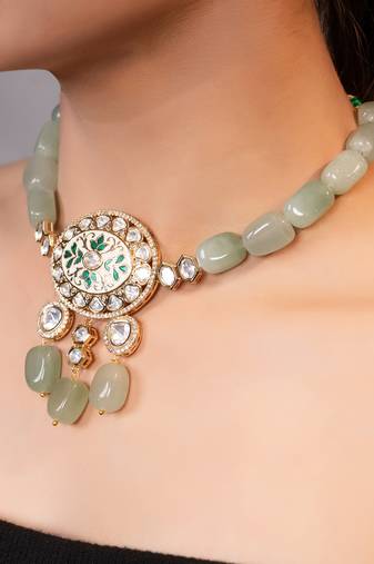 Gold plated kundan green stones necklace
