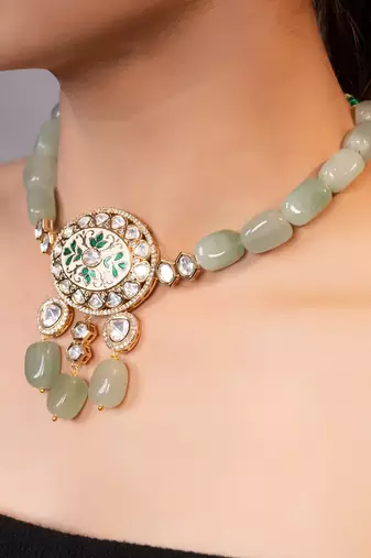 Gold plated kundan green stones necklace