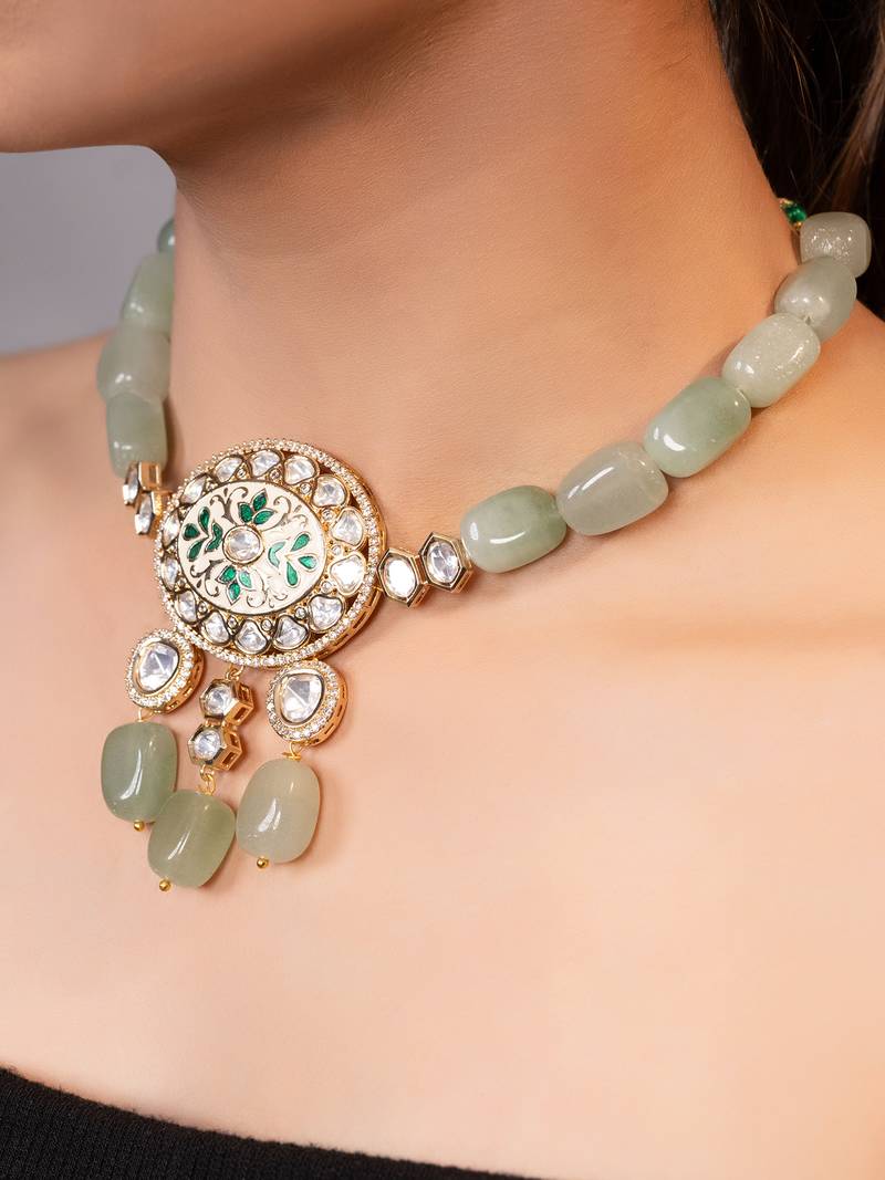 Gold plated kundan green stones necklace