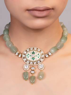 Gold plated kundan green stones necklace 2
