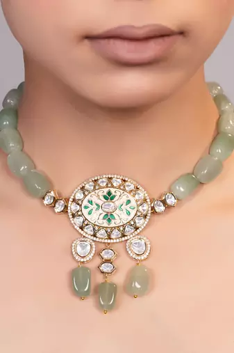 Gold plated kundan green stones necklace
