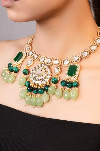 Gold plated kundan green stones necklace