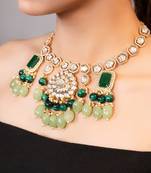 Gold plated kundan green stones necklace