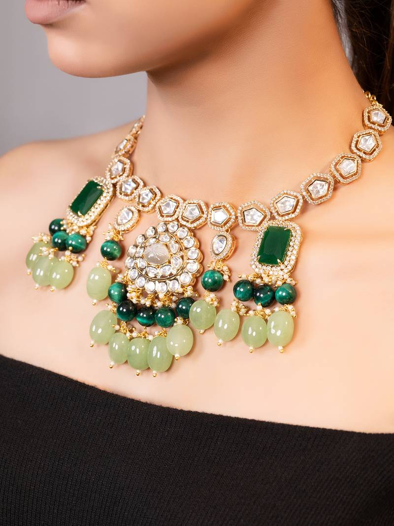 Gold plated kundan green stones necklace