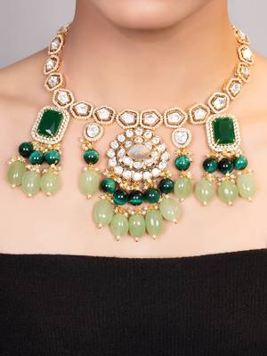 Gold plated kundan green stones necklace 2