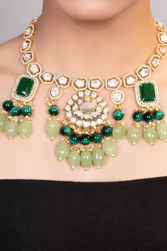 Gold plated kundan green stones necklace