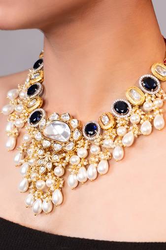 Gold plated kundan blue stones necklace