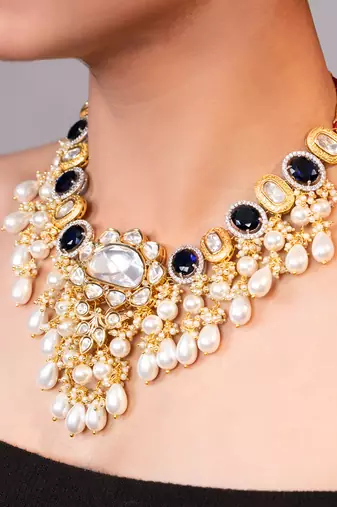 Gold plated kundan blue stones necklace