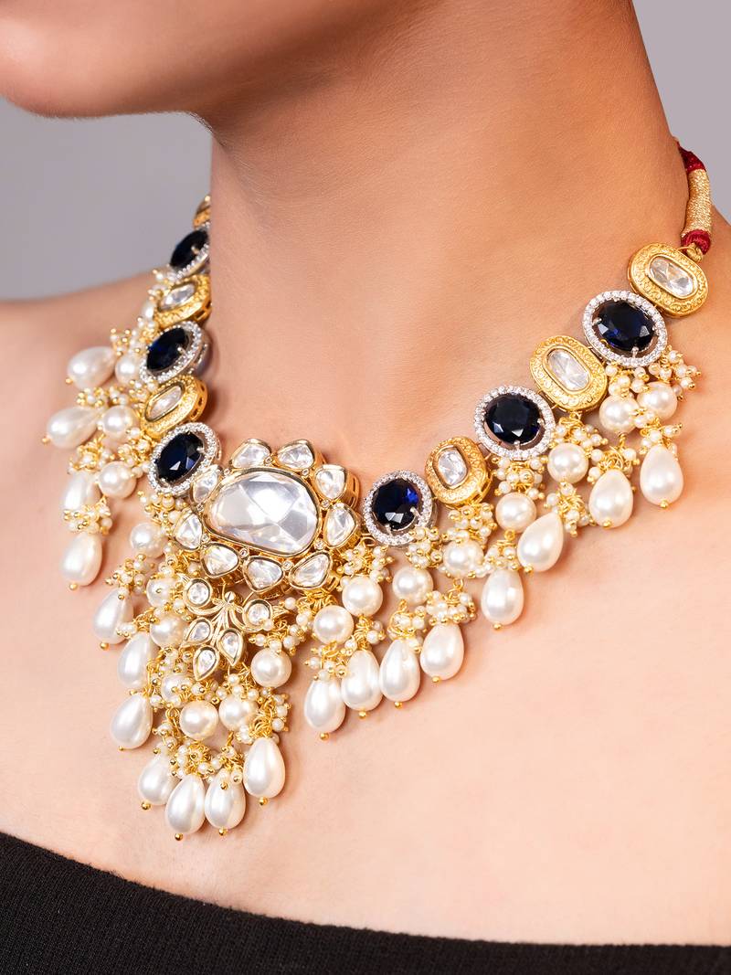 Gold plated kundan blue stones necklace