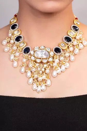 Gold plated kundan blue stones necklace