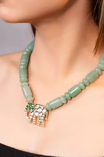 Gold plated kundan green stones necklace