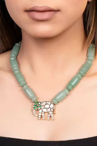 Gold plated kundan green stones necklace