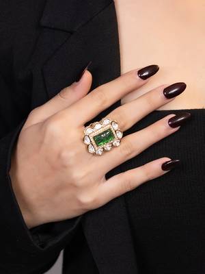 Gold plated kundan green stones ring 1