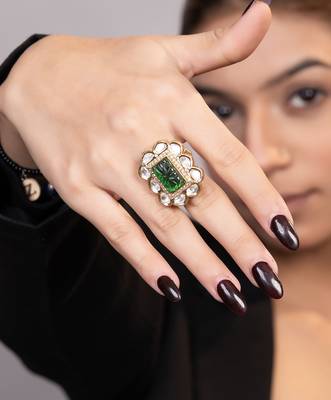 Gold plated kundan green stones ring 2