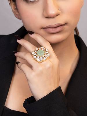 Gold plated kundan green stones ring 2