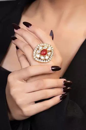 Gold plated kundan red stones ring
