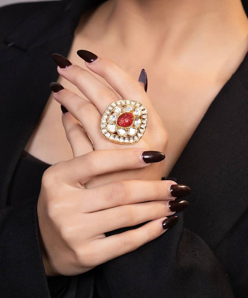 Gold plated kundan red stones ring