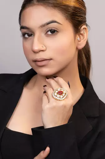 Gold plated kundan red stones ring