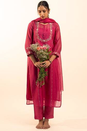 Hot pink camellia kurta set with duppata