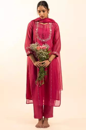 Hot pink camellia kurta set with duppata