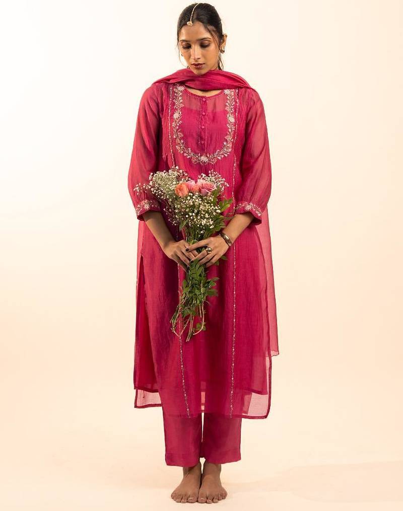 Hot pink camellia kurta set with duppata