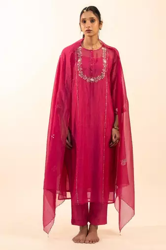 Hot pink camellia kurta set with duppata