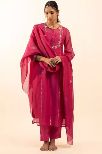 Hot pink camellia kurta set with duppata