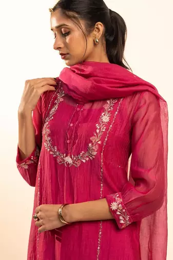 Hot pink camellia kurta set with duppata