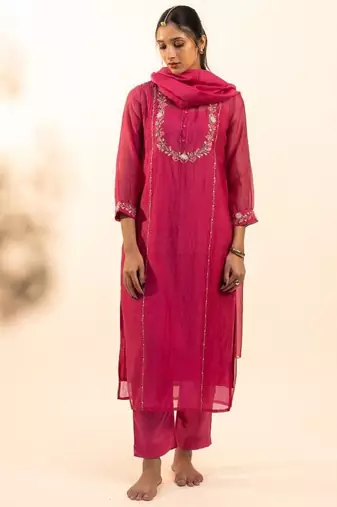 Hot pink camellia kurta set with duppata