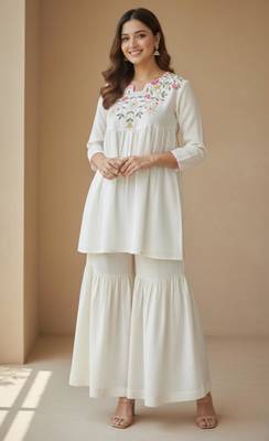 Off white vichitra silk embroidery kurta with gharara 1
