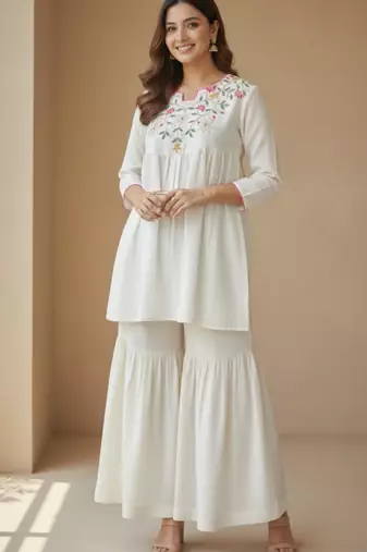 Off white vichitra silk embroidery kurta with gharara