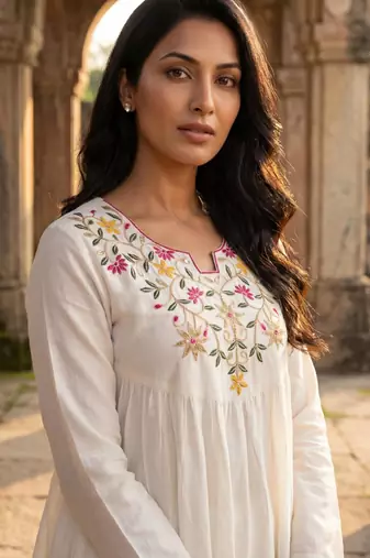 Off white vichitra silk embroidery kurta with gharara