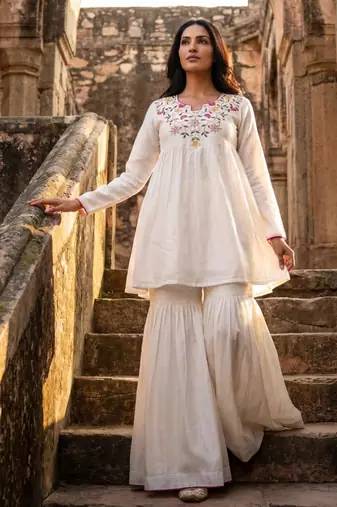 Off white vichitra silk embroidery kurta with gharara