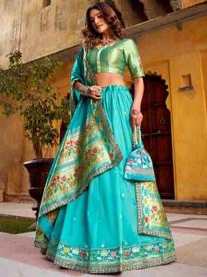 blue zari weaving silk lehenga set choli with dupatta 1