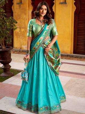 blue zari weaving silk lehenga set choli with dupatta 2