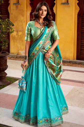 blue zari weaving silk lehenga set choli with dupatta