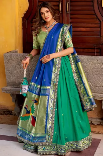 green zari weaving silk lehenga set choli with dupatta