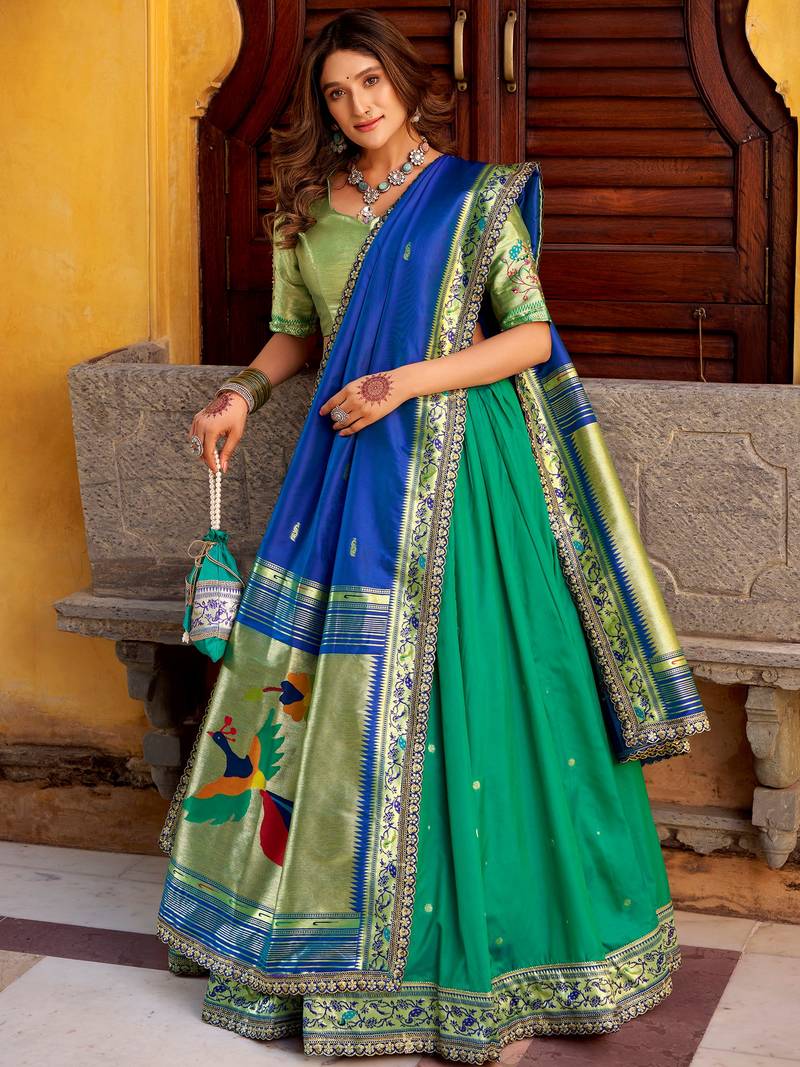green zari weaving silk lehenga set choli with dupatta
