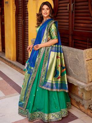green zari weaving silk lehenga set choli with dupatta 2