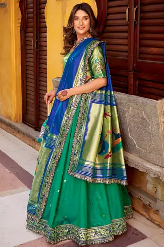 green zari weaving silk lehenga set choli with dupatta