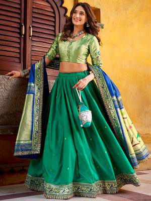 green zari weaving silk lehenga set choli with dupatta 3