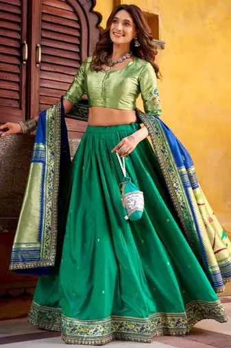 green zari weaving silk lehenga set choli with dupatta